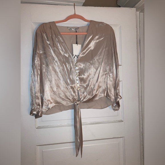 Zara Silky Champagne colored tie blouse Medium
NWT - Picture 3 of 3